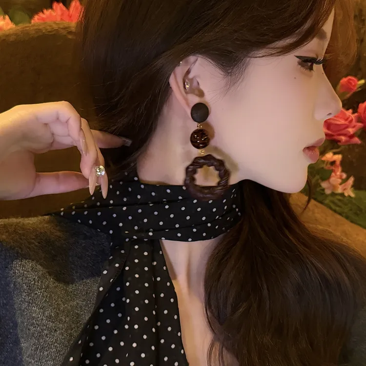 非金属皮质耳饰 皮质编织长款圆圈耳环个性时尚复古设计感耳饰