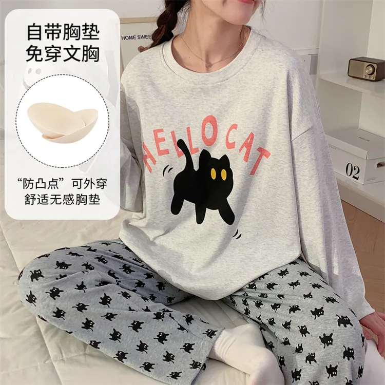 带胸垫睡衣女春秋冬季长袖韩版卡通可爱女学生外穿休闲套装家居服
