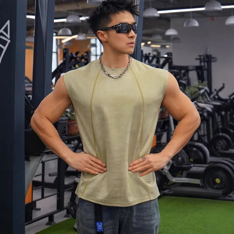 美式训练衣服麂皮绒无袖T恤男夏季运动健身背心痞帅大码宽松坎肩