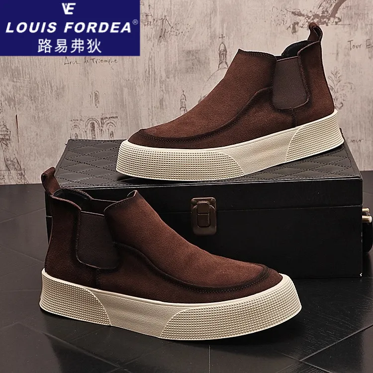 Louis Fordea/路易弗狄秋季磨砂一脚蹬短筒马丁靴百搭男高帮靴子