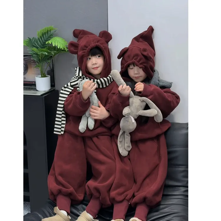 儿童加绒套装2025年冬季新款男女童双面绒立体卡通卫衣裤子两件套