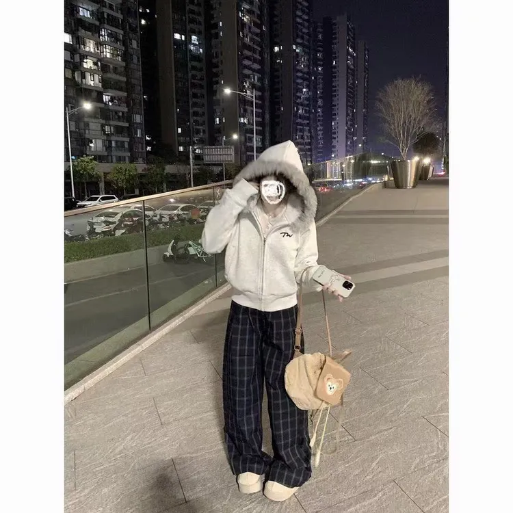 美式复古毛领短款外套女秋冬新款小个子保暖加绒休闲百搭连帽卫衣
