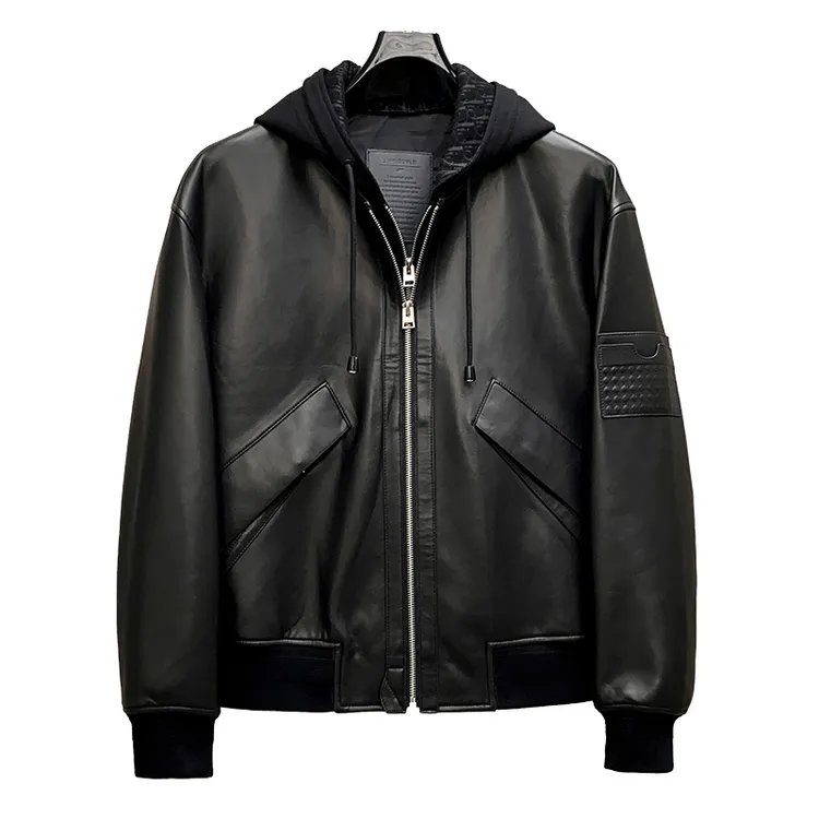 赫柏纪逸高端潮牌绵羊皮真皮拼接夹克男士皮衣秋冬新款休闲连帽