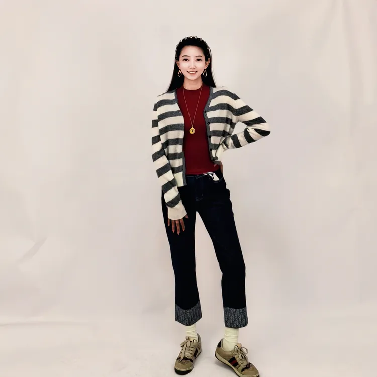 真丝羊绒女毛针织开衫时尚常规条纹极简风厚款常规款90斤-140斤