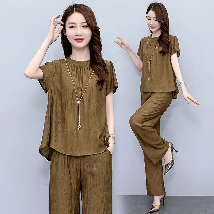 时尚休闲两件套裤2025新款夏季纯色大码女装圆领短袖上衣长裤套装