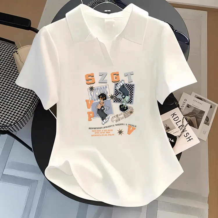 大码胖mm设计感不规则圆弧下摆短袖T恤女夏季韩版简约Polo领上衣