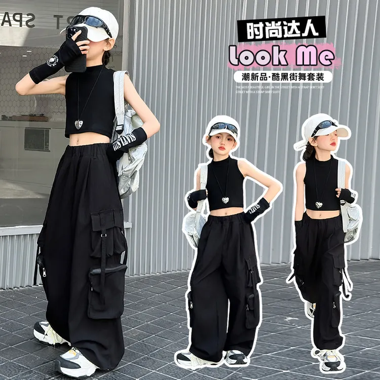 女童酷黑爵士街舞套装夏装2025新款露脐背心炸街工装裤网红走秀服