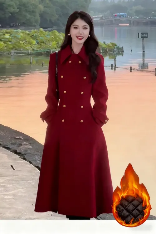 2今年流行高端高级呢料外套秋冬季加厚中长款过年红色赫本风大衣