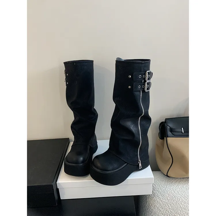 高筒靴女2025新款四夏季厚底增高不过膝长筒靴甜酷风百搭长筒靴
