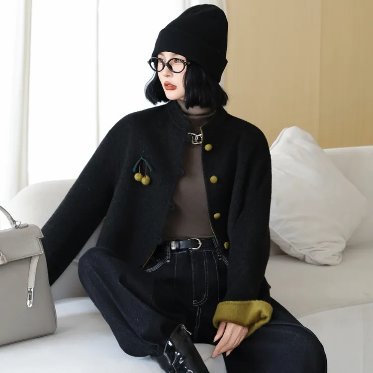 双面羊毛大衣短款纯色中国风圆领长袖毛呢外套短外套百搭复古时尚