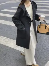 连帽法式宽松中长款羊毛大衣091