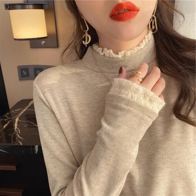 立领德绒蕾丝打底衫女内搭半高领春秋冬季加绒长袖t恤设计感上衣