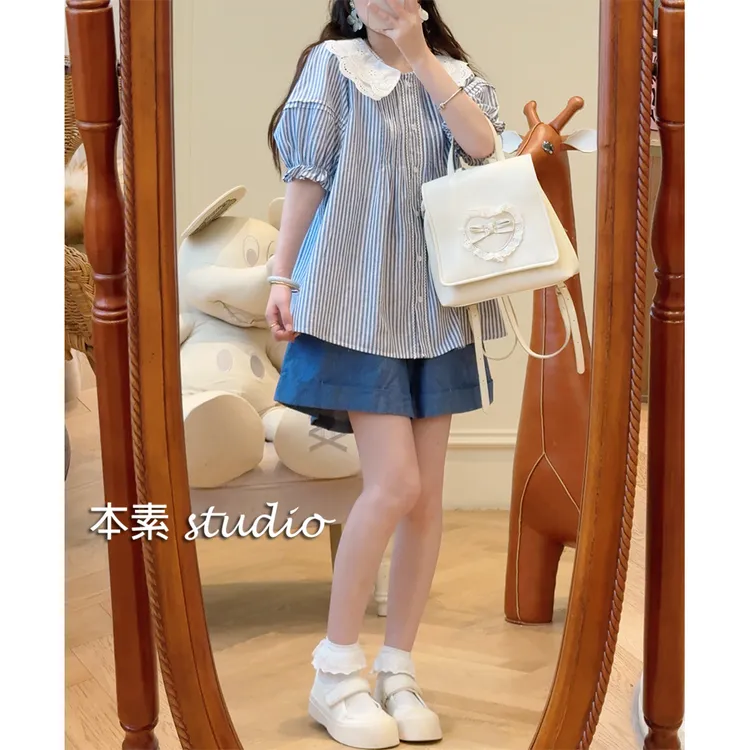 海边日记MNY2591条纹风琴褶蕾丝边全开扣双层娃娃领短袖衬衫
