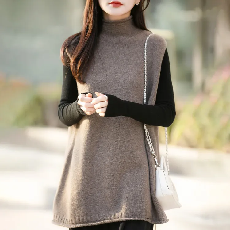 法式慵懒风半高领叠穿加厚针织马甲女秋冬保暖无袖中长款毛衣坎肩
