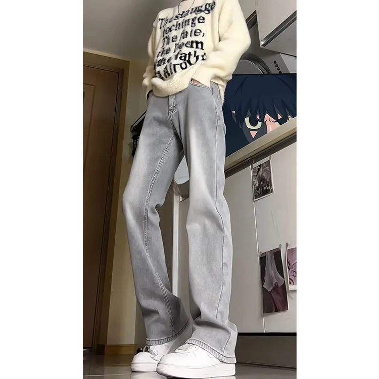烟灰色牛仔裤男夏季美式高街cleanfit高街裤子宽松阔腿直筒微喇裤