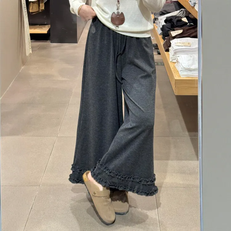 胖mm大码深灰色花边阔腿裤女秋冬新款高腰宽松显瘦垂感休闲阔腿裤