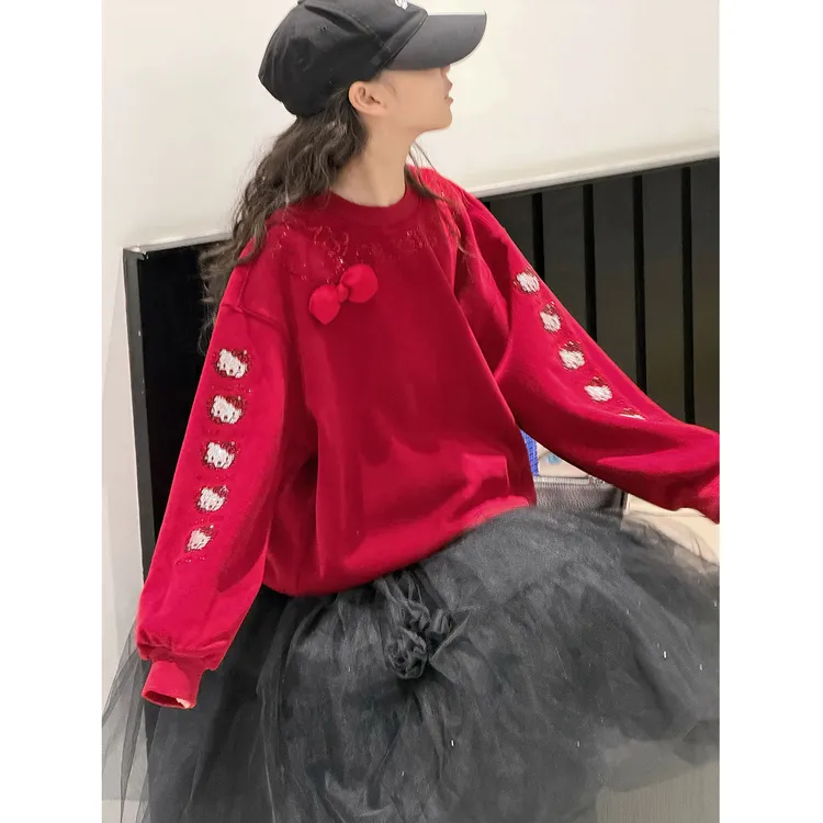 K30429孙小美烫钻女童加绒加厚卫衣秋冬装儿童上衣红色新年装潮