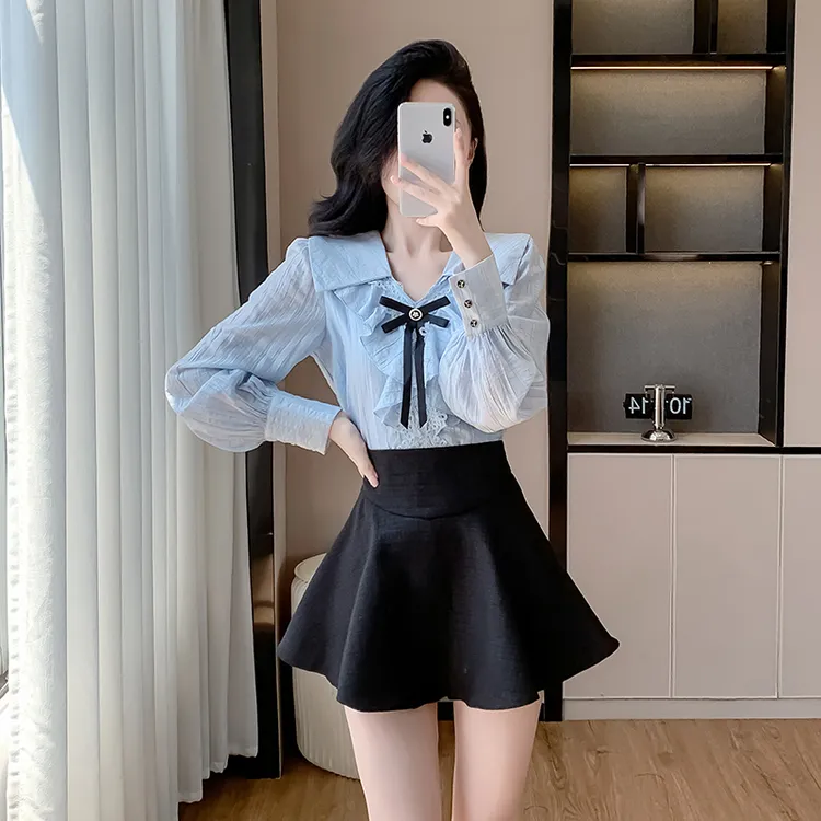 春季穿搭一整套小个子荷叶领衬衫搭配短裙气质修身职业套装两件套