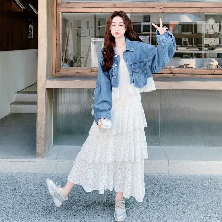 森系显瘦时尚套装女2025年春秋新款牛仔外套蕾丝吊带连衣裙两件套
