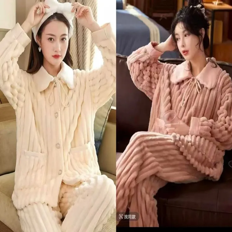 女士秋冬珊瑚绒加厚可爱卡通法兰绒保暖睡衣套装