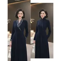 2025冬季藏蓝色撞色星空钻石绒弹力梭织呢保暖加厚连衣裙WF3359