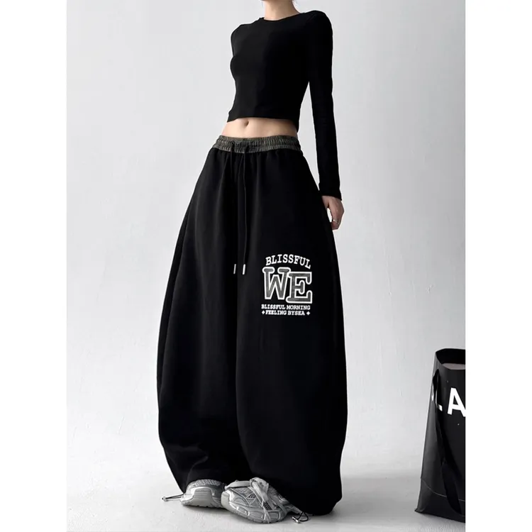 加绒黑色迷彩休闲裤女秋冬装新款宽松韩系穿搭街头街舞学生裤卫裤