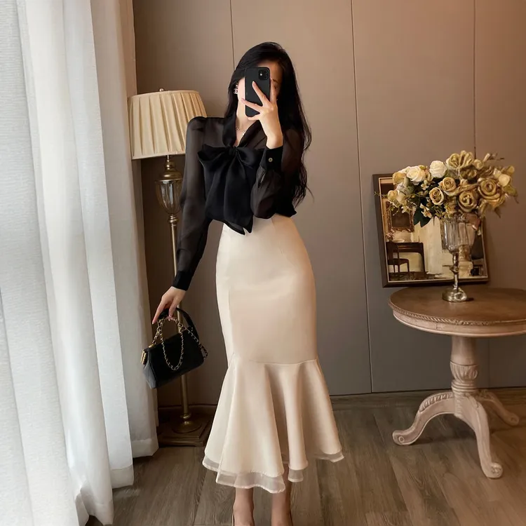 法式套装裙女2025春秋新款黑色长袖衬衫高腰包臀鱼尾半身裙两件套