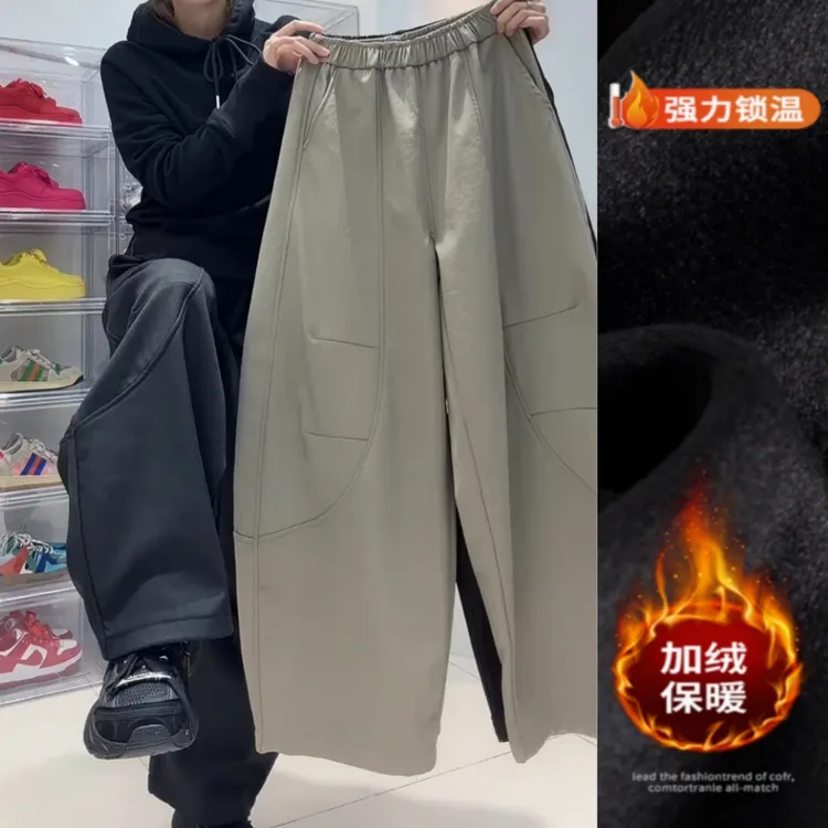 景倩妮时尚洋气拼接感弯刀休闲裤2025秋冬新款加绒显瘦宽松阔腿裤