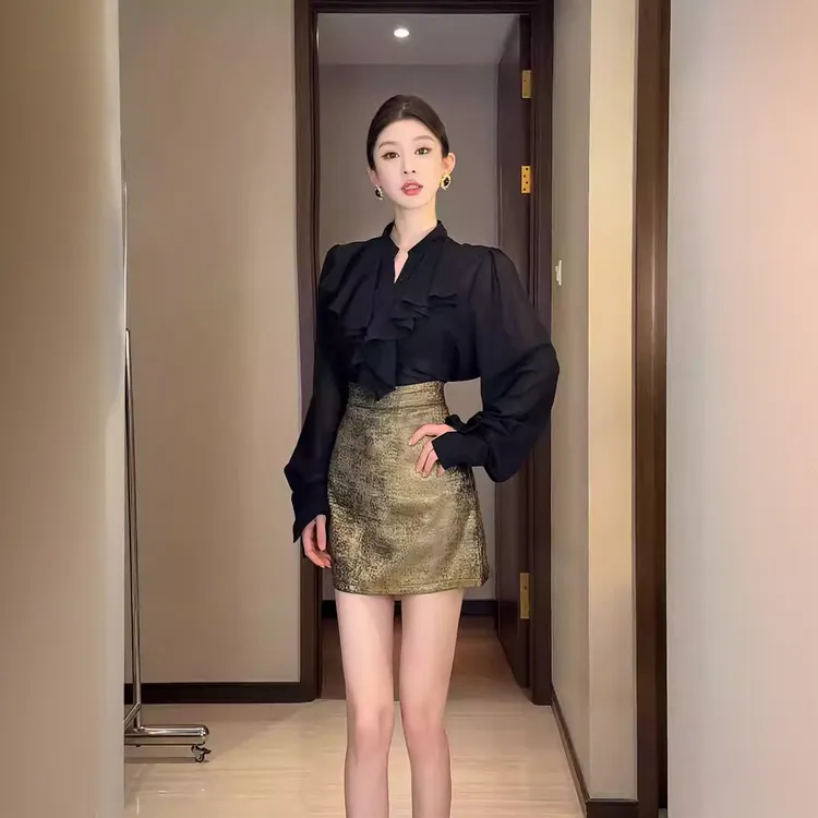 小众森系网红新款御姐风时尚百搭衬衫高腰鎏金霸气半身裙气质套装