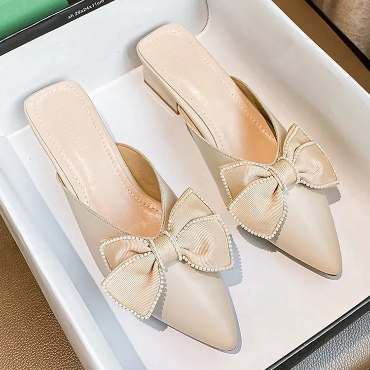 软皮法式半托单鞋2025新款尖头包头半拖鞋女夏外穿晚晚穆勒鞋凉拖