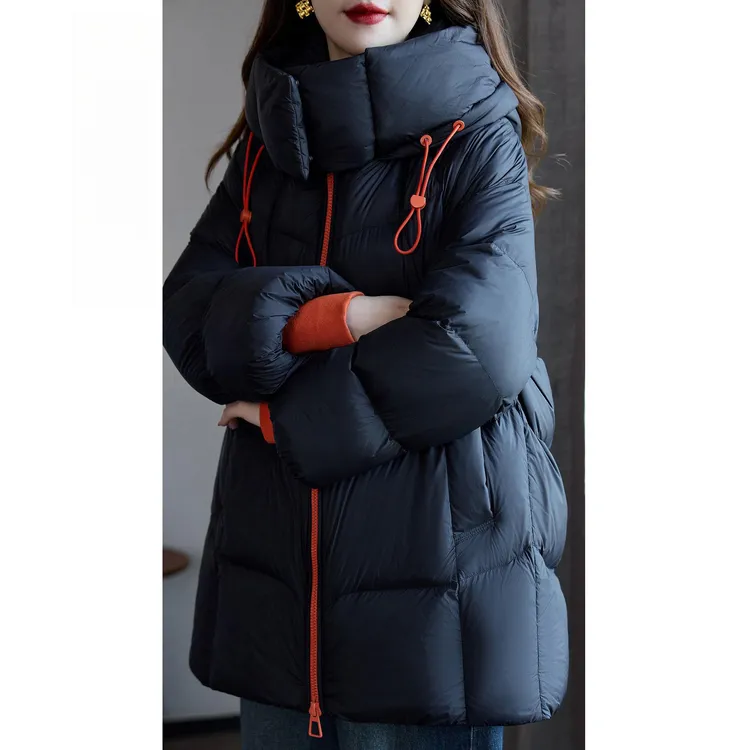 冬季新款高级感羽绒面包服中长显瘦连帽设计感黑色90鸭绒外套百搭