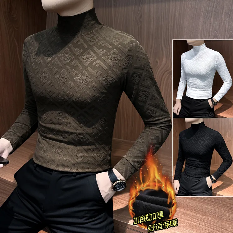 高领加绒男士打底衫冬季爆款2025新款高级感男装字母提花男款t恤