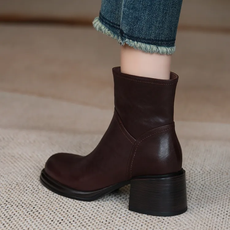 MENEER-M 2025新款真皮粗中跟短靴女显瘦及踝靴简约通勤切尔西靴