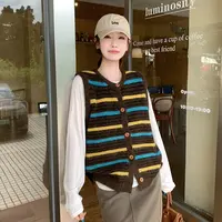 多巴胺撞色条纹针织马甲背心女秋冬甜美减龄宽松毛衣外搭马夹上衣