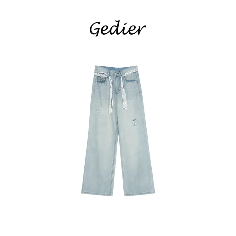 【歌蒂尔】"蓝云" 夏季透气舒适高腰破洞牛仔裤 老钱风 KG520539Y
