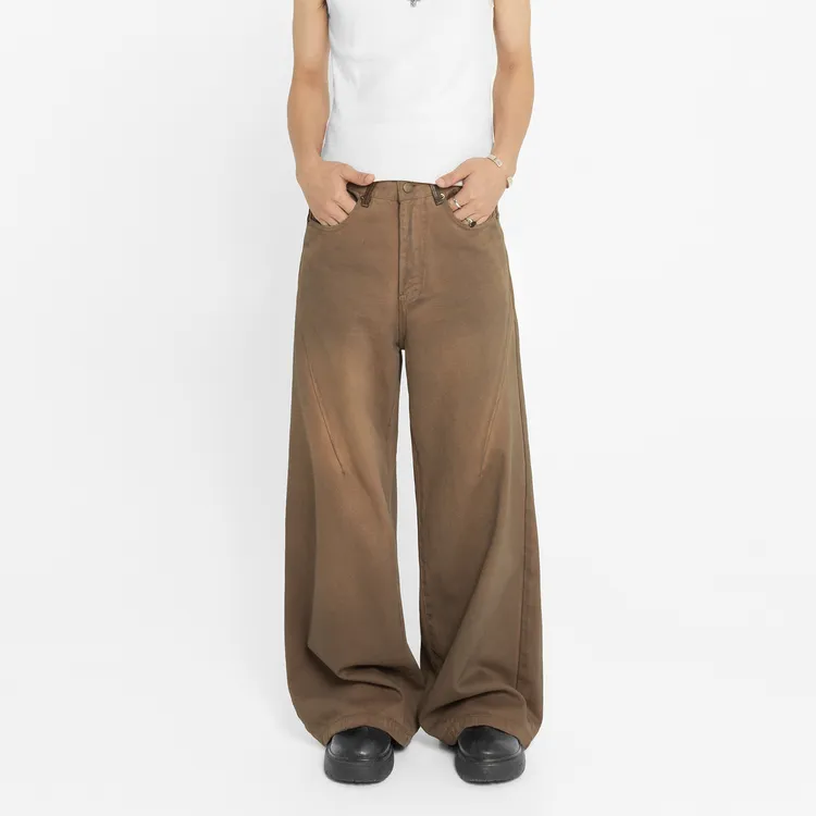 US5自制 水洗做旧直筒牛仔裤男女款老钱风A字版型休闲工装裤秋冬