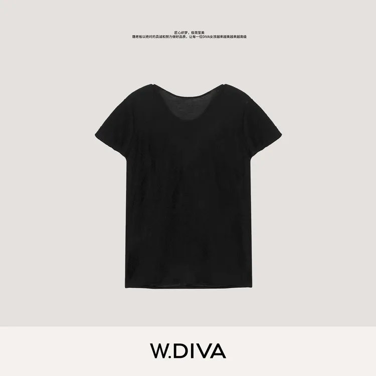 W.Diva【闲时】100%精纺羊绒短袖早秋简奢U领针织衫女53Z242726