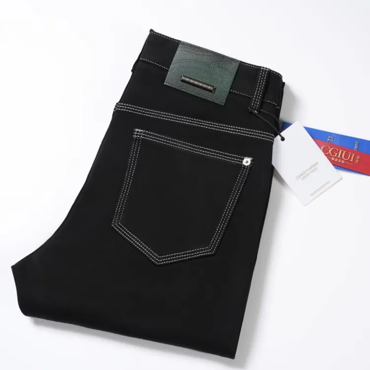 秋冬新款白线三本针黑色男士软牛仔裤不掉色弹力修身直筒版