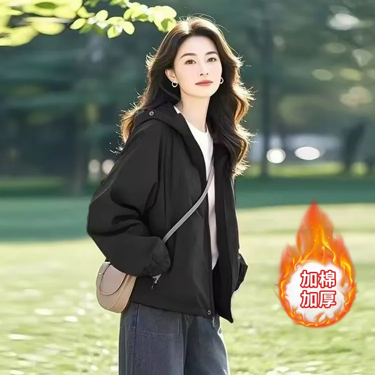 春秋百搭上衣加棉加厚休闲连帽女士时尚宽松长袖韩版短款短外套女