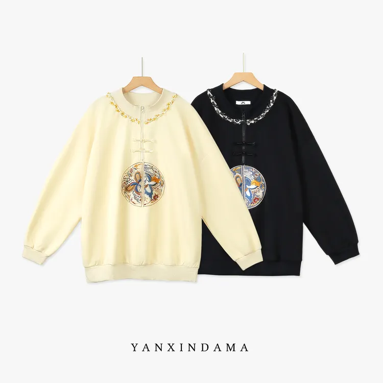 【岩心】大码女装300斤胖MM新中式复古刺绣设计感圆领宽松卫衣66437