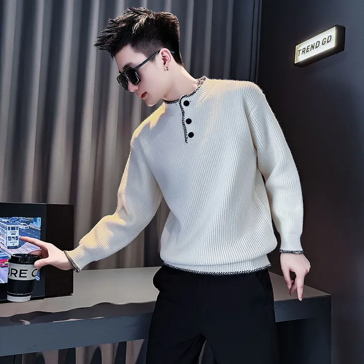 假两件条纹拼接毛衣男款冬季男装衣服秋季新款内搭长袖打底针织衫