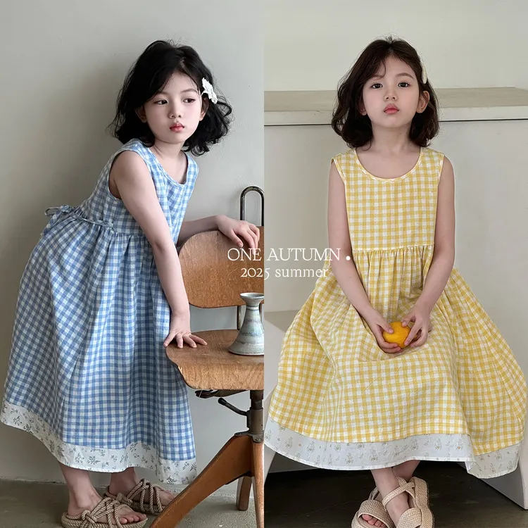 女童连衣裙夏季新款下摆碎花拼接时尚洋气舒适薄款无袖格子