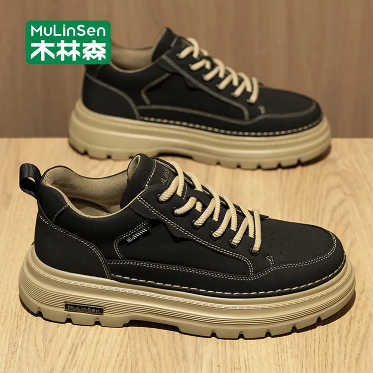 木林森春秋男鞋2025新款皮面工作休闲板鞋男夏季英伦工装马丁潮鞋