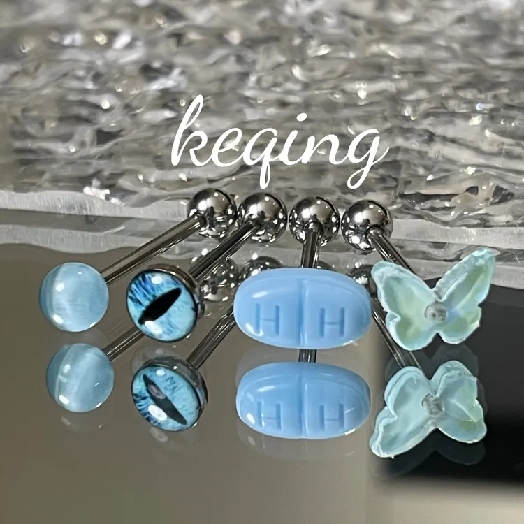 钛钢耳饰蓝色系列恶魔之眼药片舌钉猫眼石偏光蝴蝶舌饰小众饰品