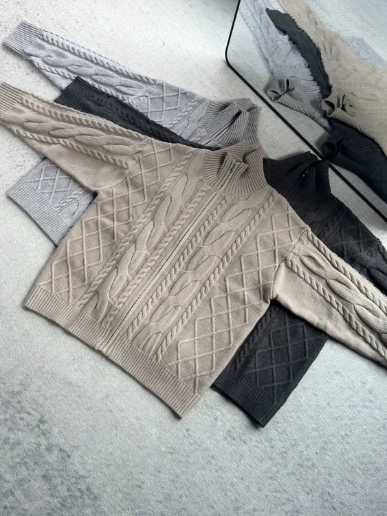 【KEBUSI】现货！重工立体浮雕提花拉链毛衣立领boxy外套男女#Y032