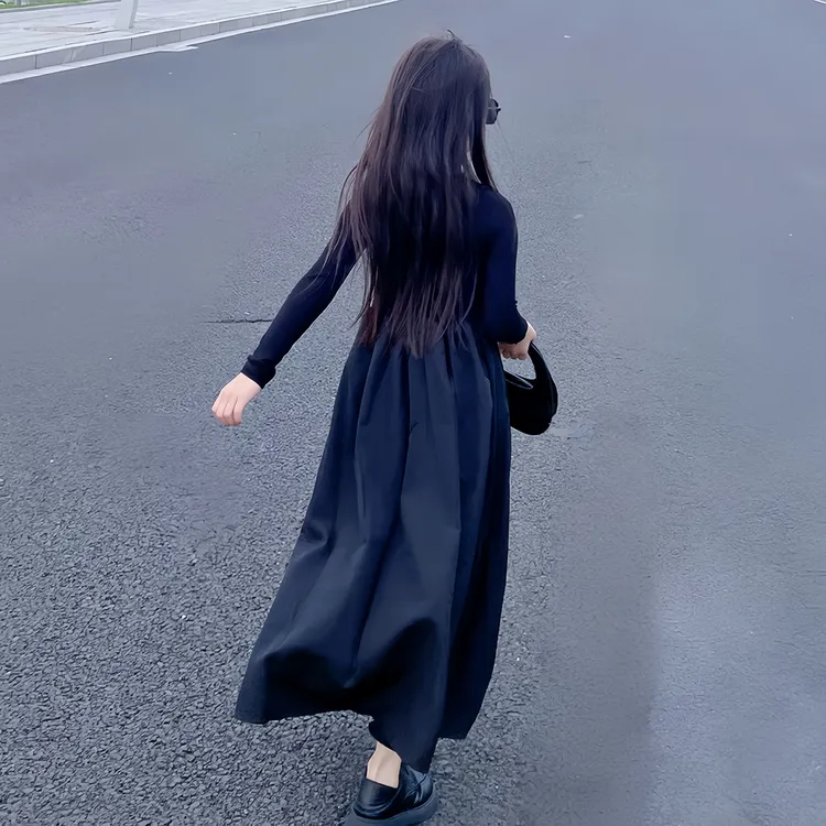 木木屋女童连衣裙秋季儿童小黑裙休闲长裙女大童洋气时髦长袖裙子