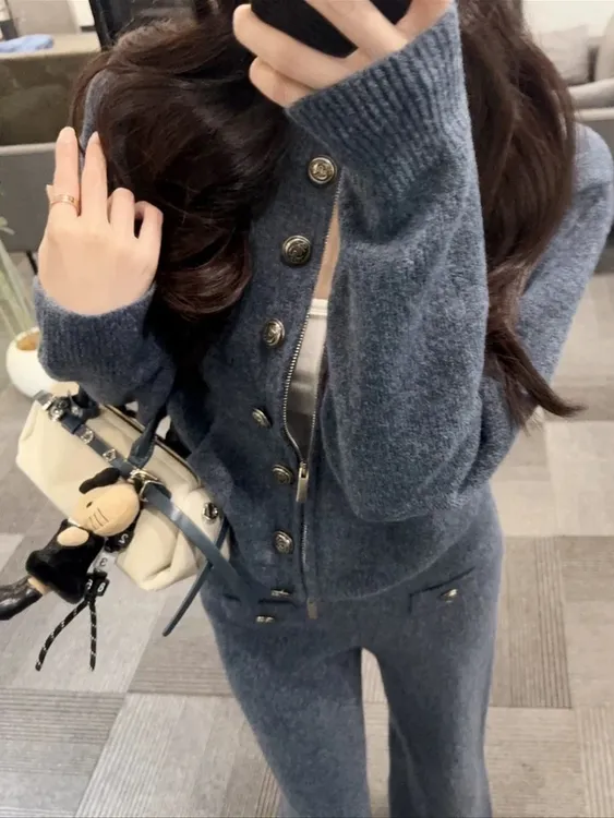 小香风气质修身蓝色针织开衫阔腿裤女装2025秋冬新款休闲辣妹套装