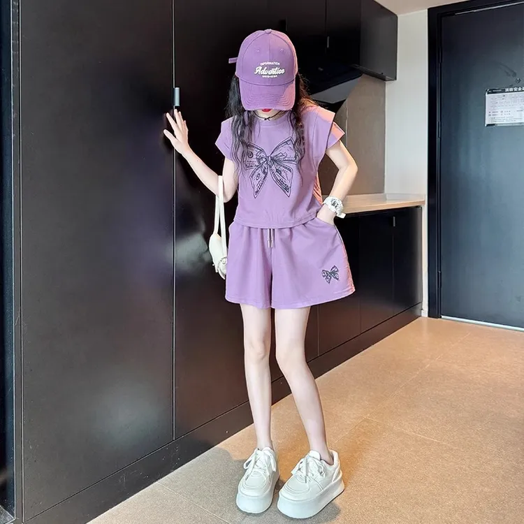 女童夏季套装2025新款洋气中大童短袖t恤夏装网红儿童短裤两件套