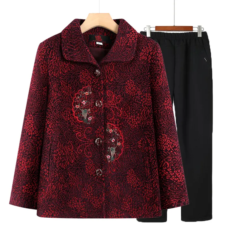 中老年人秋装女外套奶奶毛呢大码妈妈秋冬绣花上衣老太太老人衣服