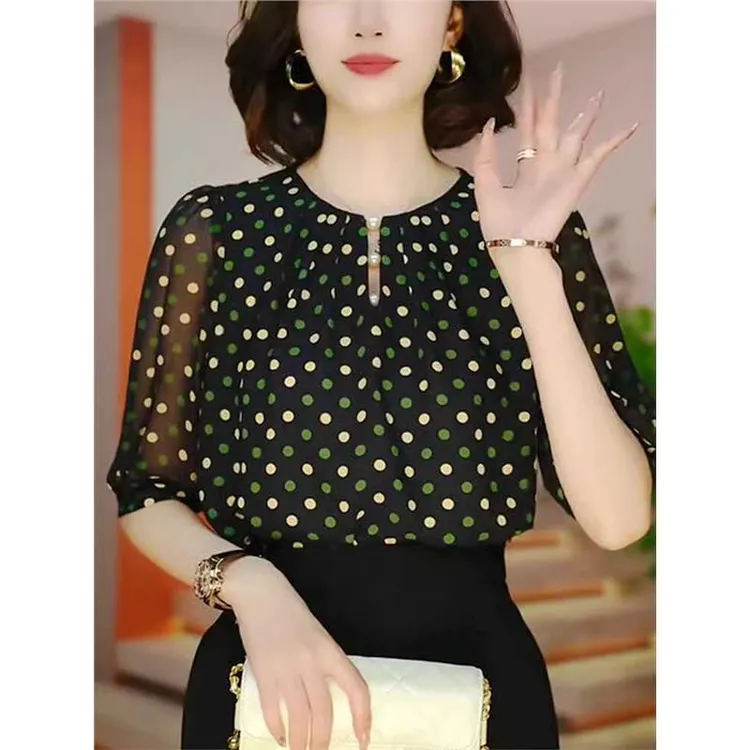 恒源祥彩羊波点雪纺衫女2025夏季新款时尚洋气减龄小个子短袖上衣